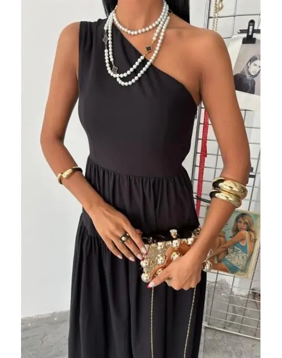 Omarı Zarif Tek Omuzlu Maxi Elbise