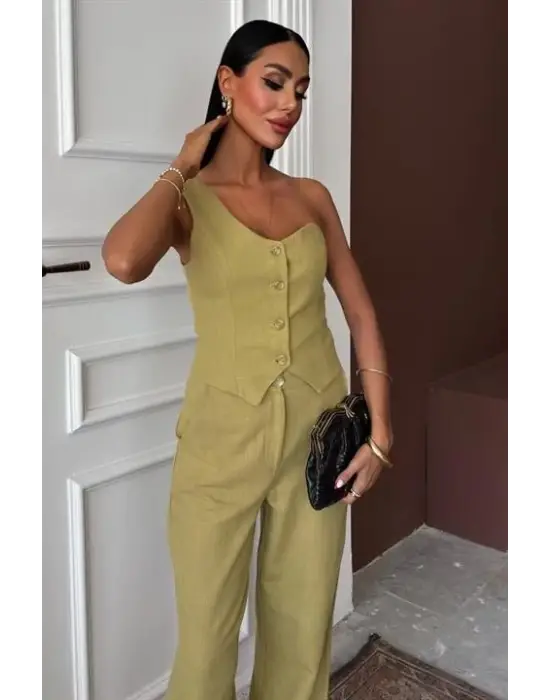 Omarı Tek Omuz Plazzo Pantolon Takım