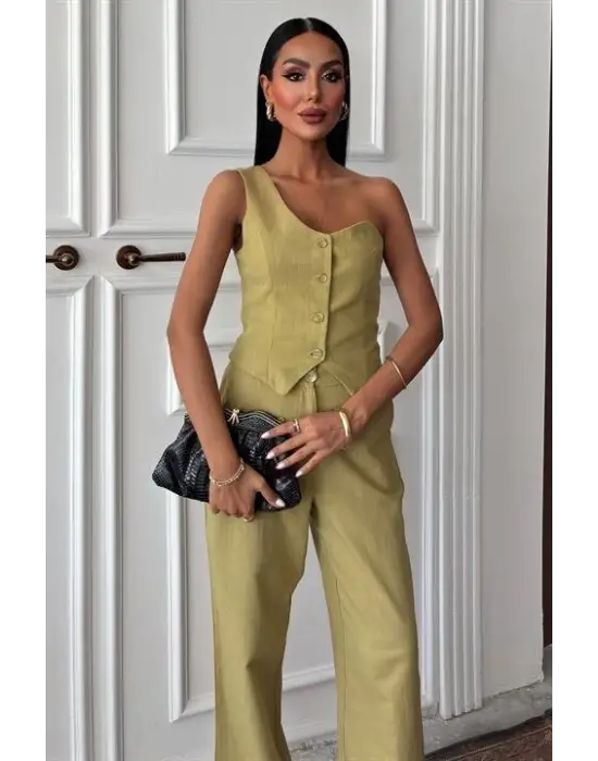 Omarı Tek Omuz Plazzo Pantolon Takım