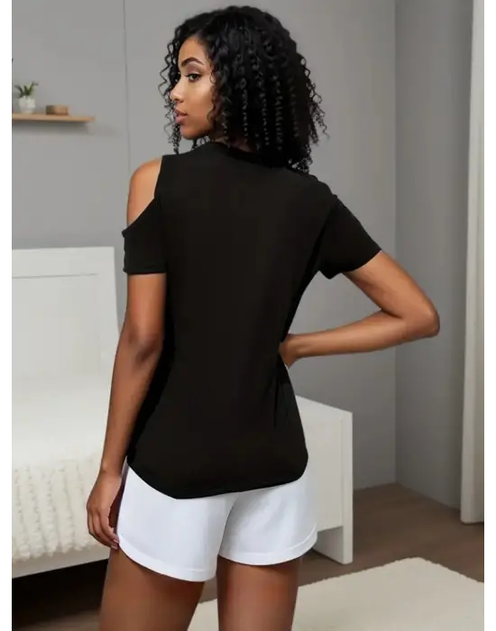 Omarı Tek Omuzdan Açık Damla Detaylı Viskon Bluz