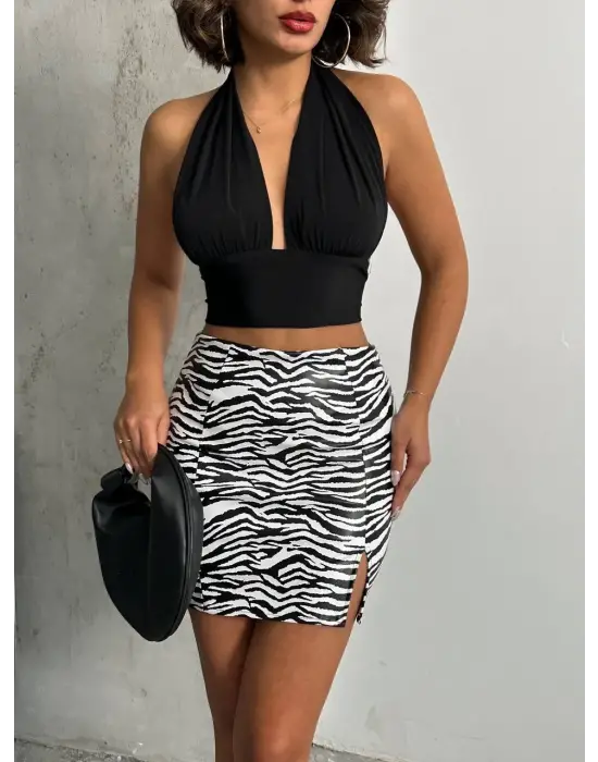 Tek yırtmaçlı zebra desenli deri etek beyazsiyah w24475-S