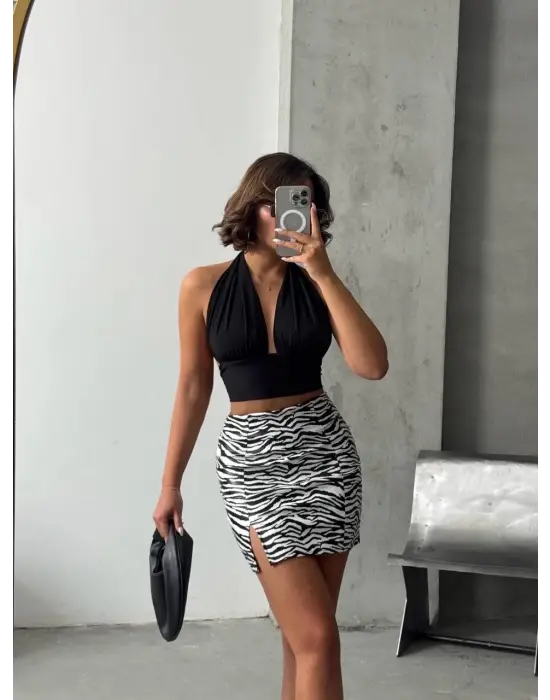 Omarı Zebra Desenli Deri Etek - Beyazsiyah Vogue Stili