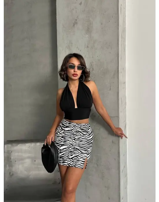 Omarı Zebra Desenli Deri Etek - Beyazsiyah Vogue Stili