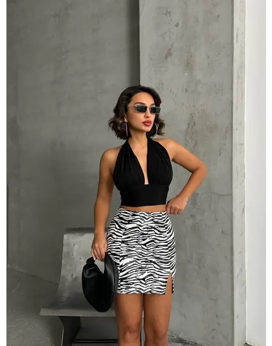 Omarı Zebra Desenli Deri Etek - Beyazsiyah Vogue Stili