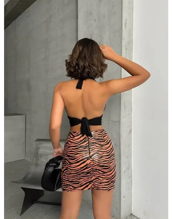 Tek yırtmaçlı zebra desenli deri etek kahvesiyah w24475-S