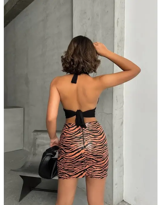 Omarı Zebra Desenli Deri Etek - Tek Yırtmaçlı KahvesiYah