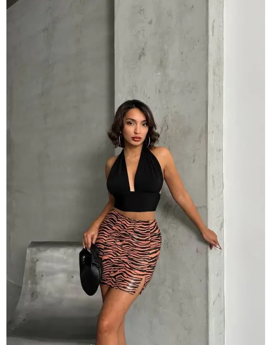 Tek yırtmaçlı zebra desenli deri etek kahvesiyah w24475-S