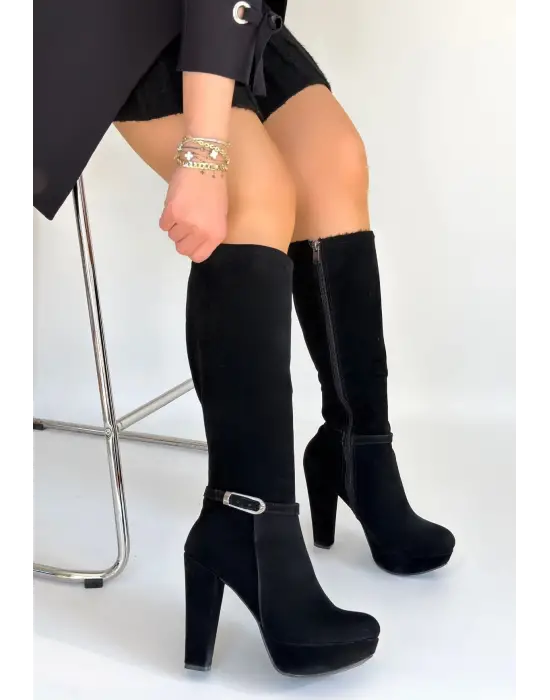 Tekja Siyah Süet Topuklu Çizme