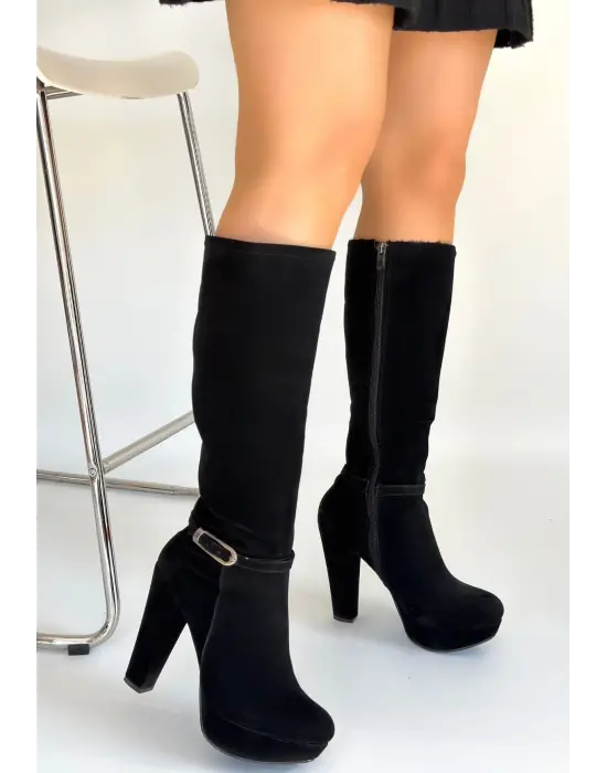 Tekja Siyah Süet Topuklu Çizme