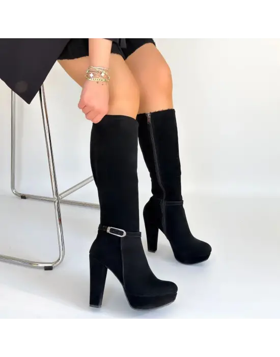 Tekja Siyah Süet Topuklu Çizme