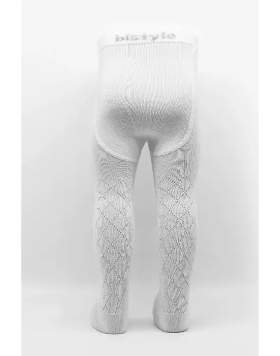 Omarı Tekli Ekose Kabartma Penye Külotlu Çorap Beyaz