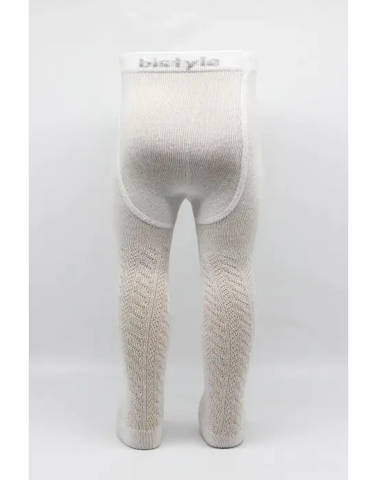 Omarı Tekli Zikzak Desenli Penye Külotlu Çorap - Ekru Renkli