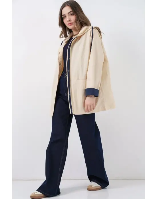 Teknik Kumaş Kapüşonlu Trençkot 5972 - Ekru