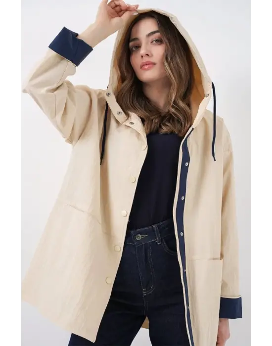 Teknik Kumaş Kapüşonlu Trençkot 5972 - Ekru