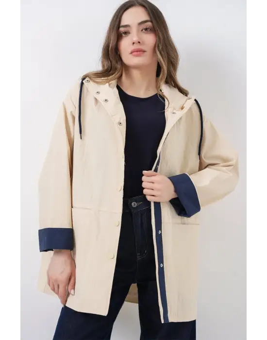 Teknik Kumaş Kapüşonlu Trençkot 5972 - Ekru