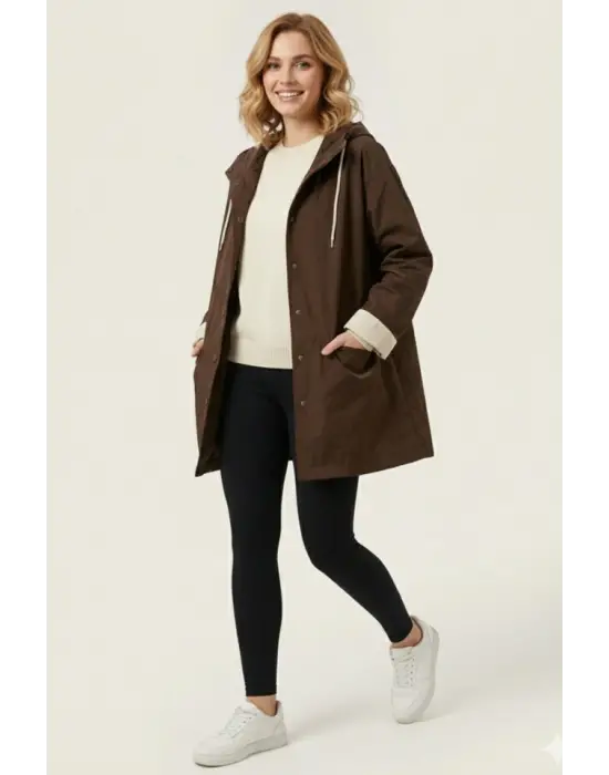 Teknik Kumaş Kapüşonlu Trençkot 5972 - Kahverengi