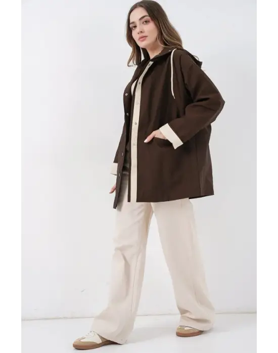 Teknik Kumaş Kapüşonlu Trençkot 5972 - Kahverengi