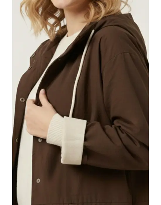 Teknik Kumaş Kapüşonlu Trençkot 5972 - Kahverengi