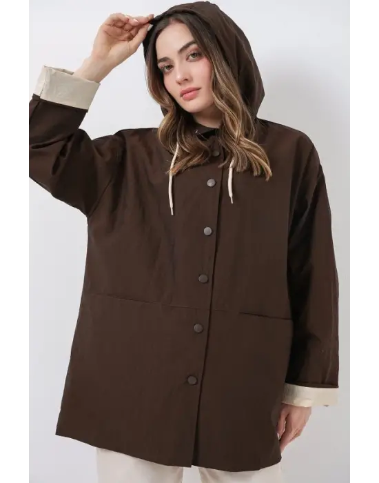 Teknik Kumaş Kapüşonlu Trençkot 5972 - Kahverengi