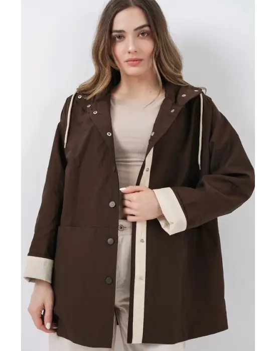 Teknik Kumaş Kapüşonlu Trençkot 5972 - Kahverengi