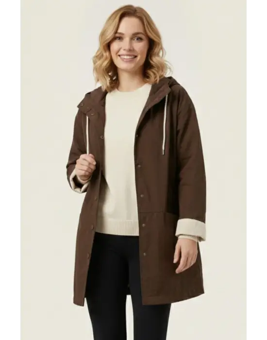 Teknik Kumaş Kapüşonlu Trençkot 5972 - Kahverengi