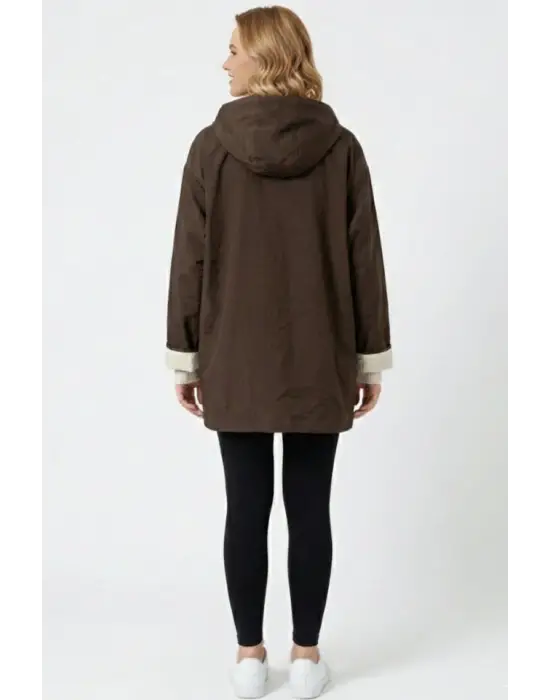 Teknik Kumaş Kapüşonlu Trençkot 5972 - Kahverengi
