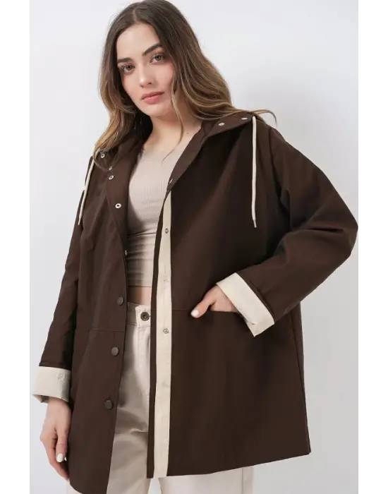 Teknik Kumaş Kapüşonlu Trençkot 5972 - Kahverengi