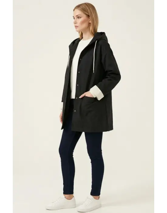 Teknik Kumaş Kapüşonlu Trençkot 5972 - Siyah