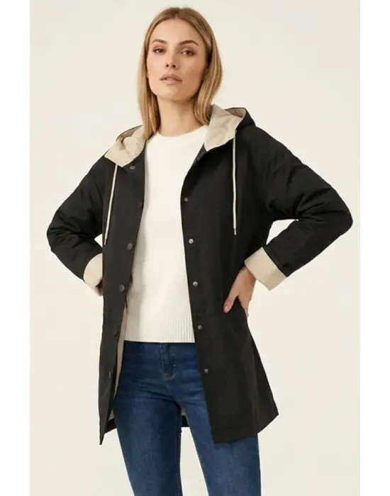 Teknik Kumaş Kapüşonlu Trençkot 5972 - Siyah