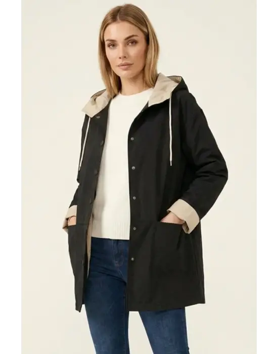 Teknik Kumaş Kapüşonlu Trençkot 5972 - Siyah