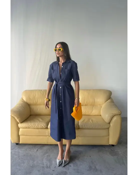 Omarı Mavi Kısa Kollu Önden Düğmeli Elbise