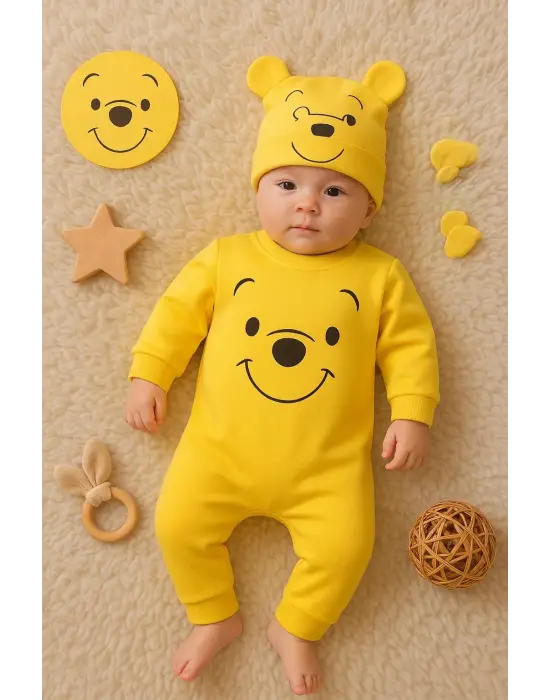 The Bear Desenli % 100 Pamuk Şapkalı Tulum