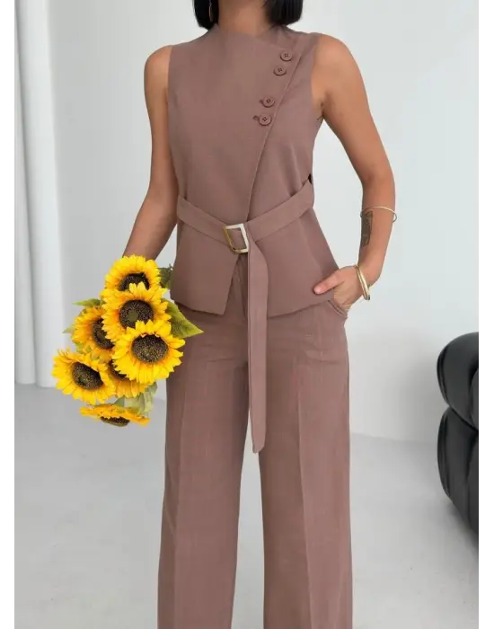 Ti̇na Asi̇metri̇k Keten Yelek Pantolon Takim