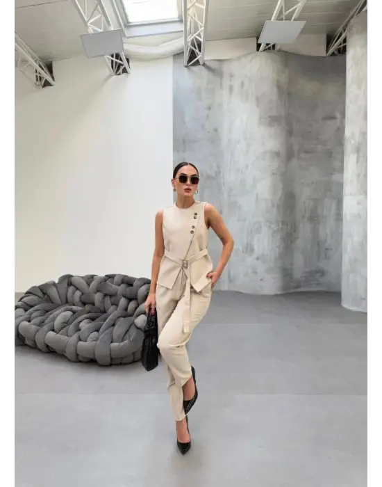 Ti̇na Asi̇metri̇k Keten Yelek Pantolon Takim