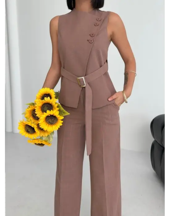 Ti̇na Asi̇metri̇k Keten Yelek Pantolon Takim