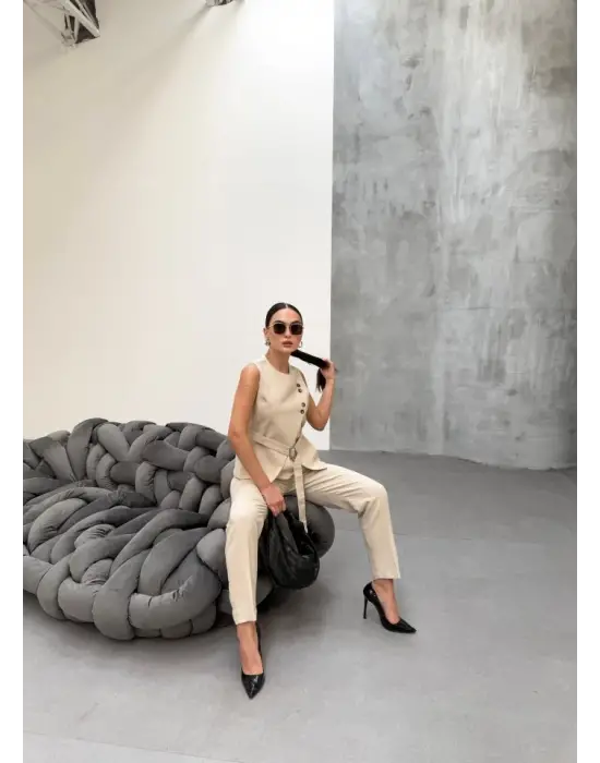 Ti̇na Asi̇metri̇k Keten Yelek Pantolon Takim