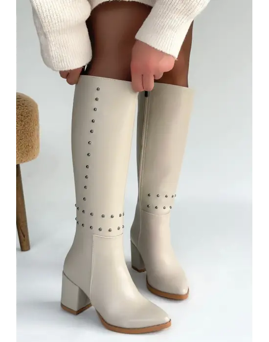 Tiyan Bej Cilt Topuklu Çizme