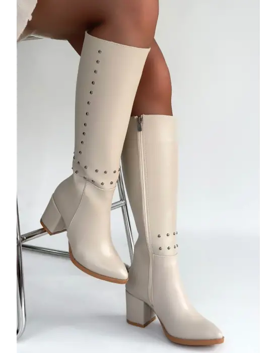 Tiyan Bej Cilt Topuklu Çizme