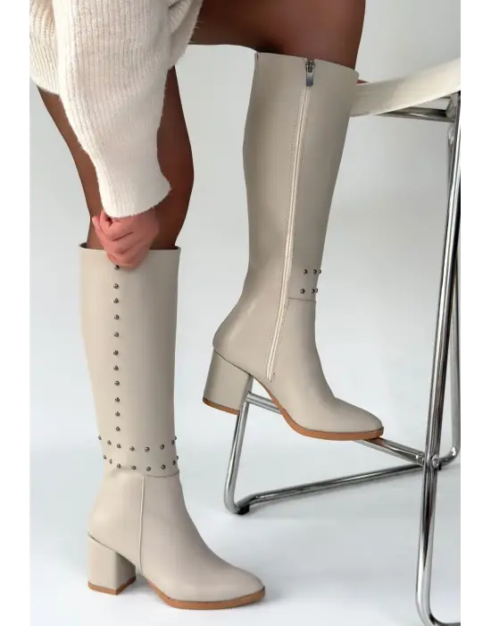 Tiyan Bej Cilt Topuklu Çizme