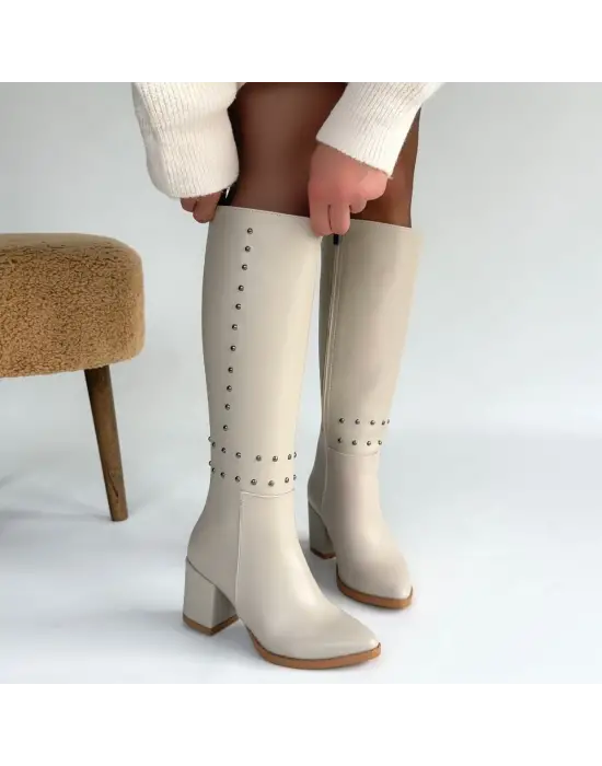 Tiyan Bej Cilt Topuklu Çizme