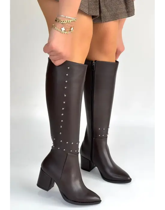 Tiyan Kahverengi Cilt Topuklu Çizme