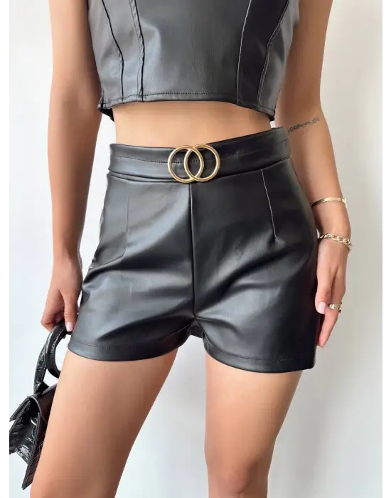 Tokalı deri şort siyah s24444