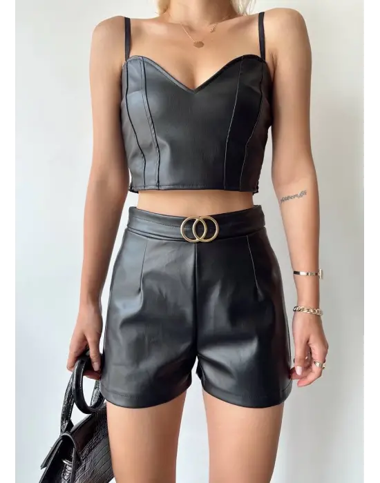 Tokalı deri şort siyah s24444