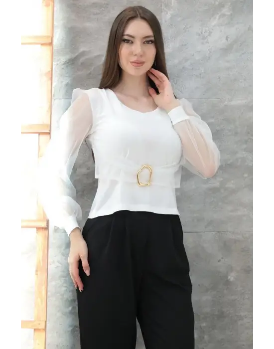 Tokalı tül kollu bluz beyaz t4071