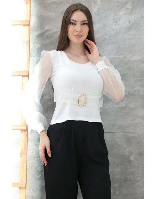 Tokalı tül kollu bluz beyaz t4071