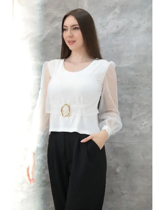 Tokalı tül kollu bluz beyaz t4071