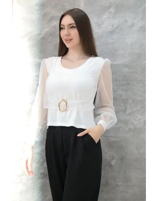 Tokalı tül kollu bluz beyaz t4071