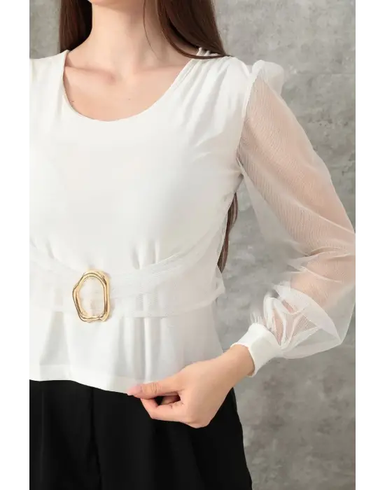 Tokalı tül kollu bluz beyaz t4071