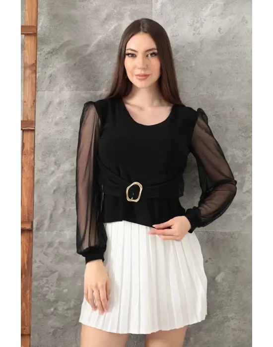 Tokalı tül kollu bluz siyah t4071