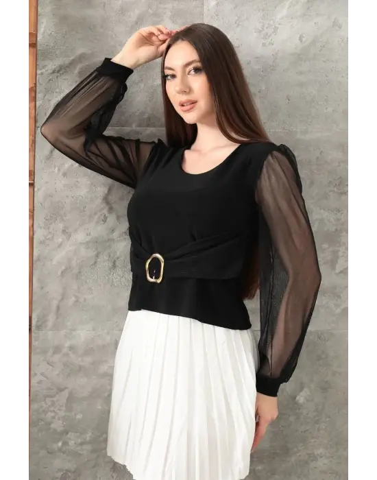 Tokalı tül kollu bluz siyah t4071